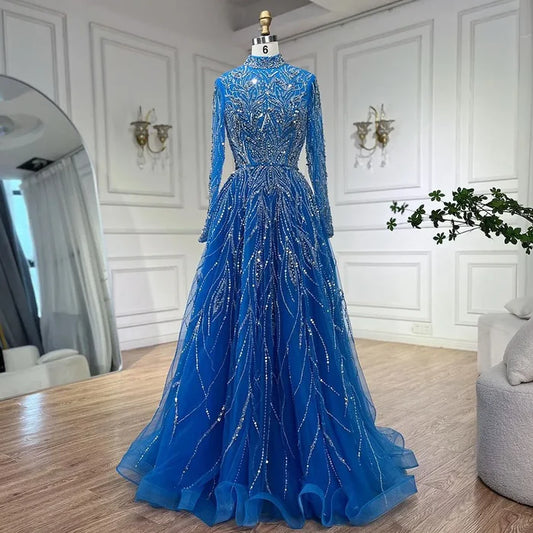 Muslim Formal blue A-Line Beaded Evening Dress LA72302A - SERENE HILL