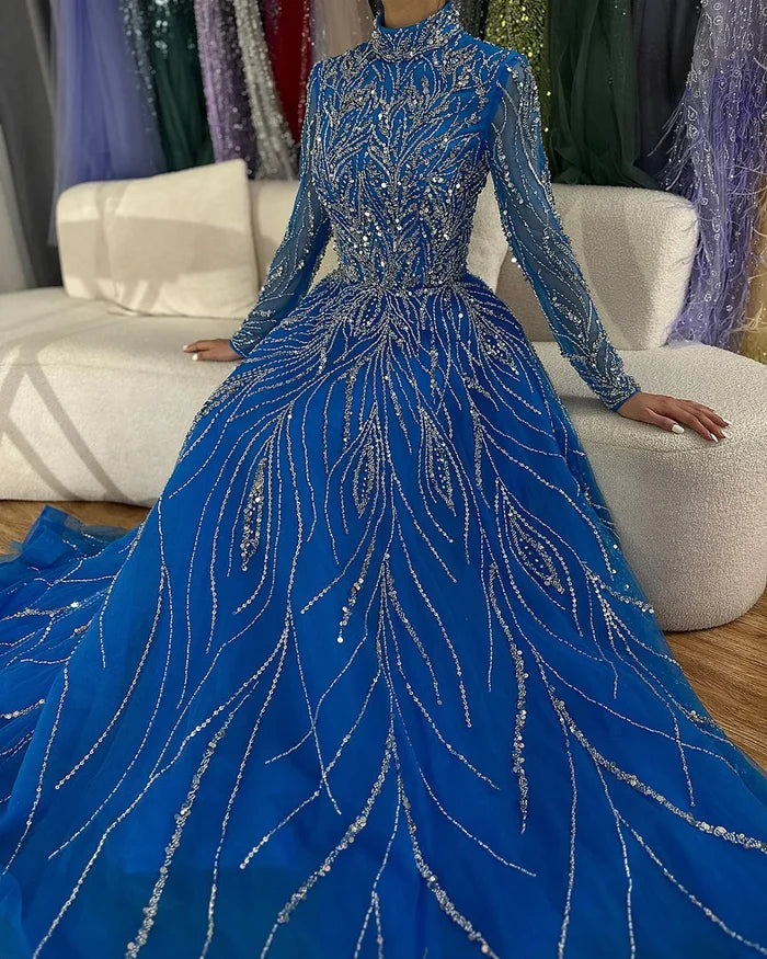 Muslim Formal blue A-Line Beaded Evening Dress LA72302A - SERENE HILL