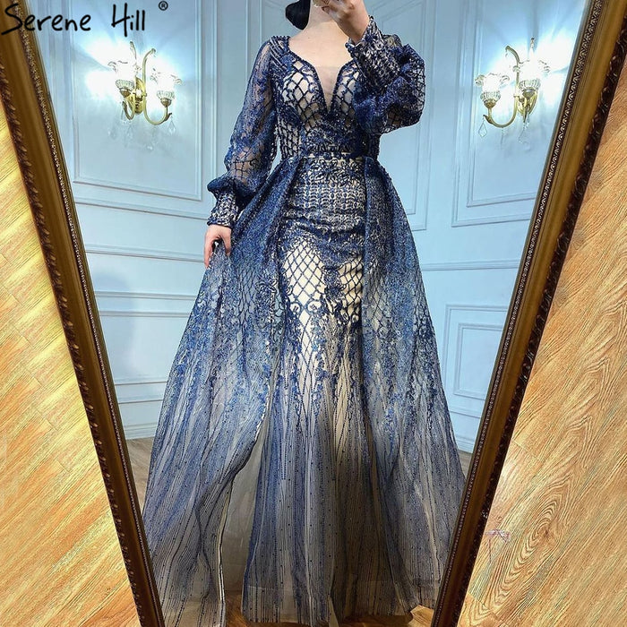 Muslim Grey Luxury Beading Mermaid Evening Dress With Train LA71056 - SERENE HILL