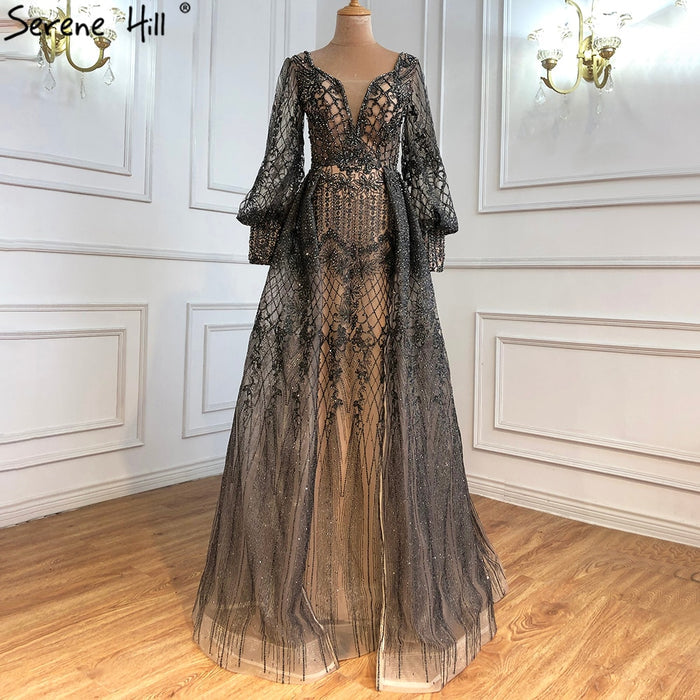 Muslim Grey Luxury Beading Mermaid Evening Dress With Train LA71056 - SERENE HILL