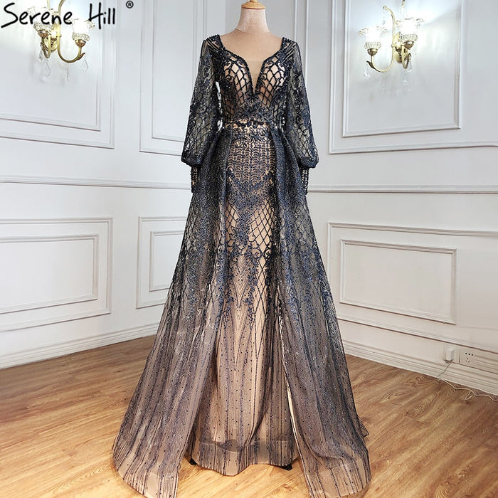 Muslim Grey Luxury Beading Mermaid Evening Dress With Train LA71056 - SERENE HILL