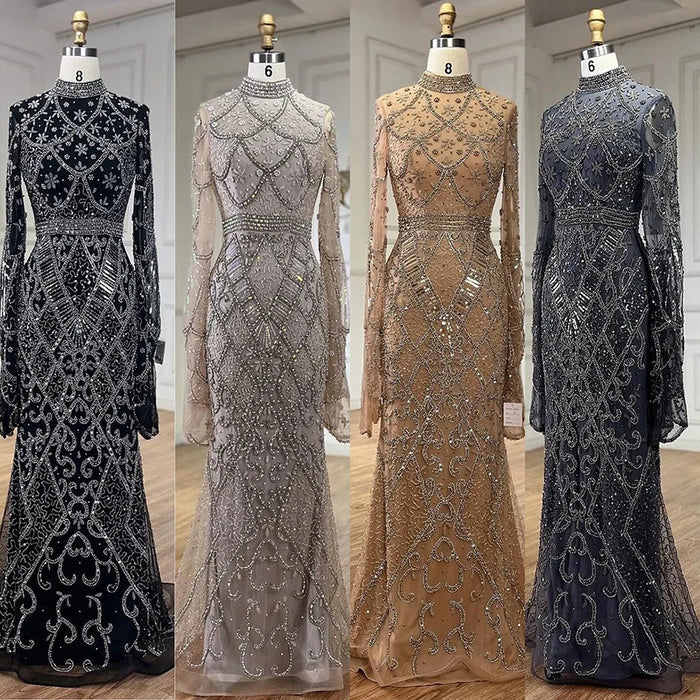 Muslim Grey Mermaid Long Sleeve Beaded Evening Dress LA72316 - SERENE HILL