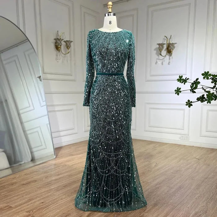 Muslim Long Cape Dubai Crystal Beaded Evening Gown LA72032M - SERENE HILL