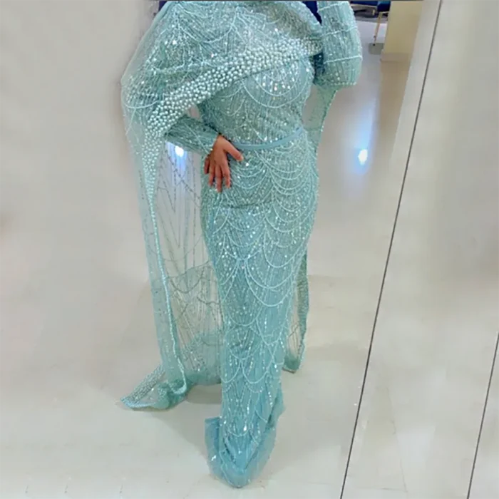 Muslim Long Cape Dubai Crystal Beaded Evening Gown LA72032M - SERENE HILL