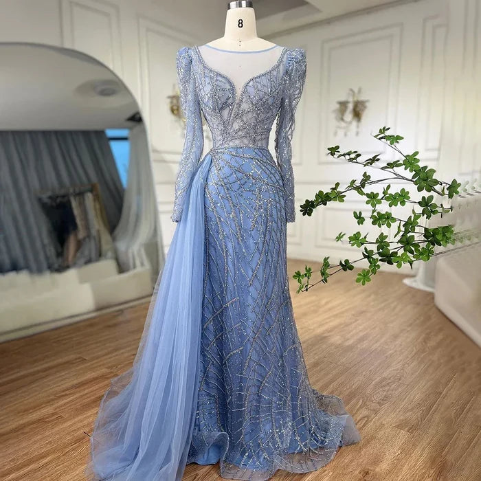 Muslim Luxury Blue Beaded Mermaid Evening Dress with Side Overskirt LA72206 - SERENE HILL
