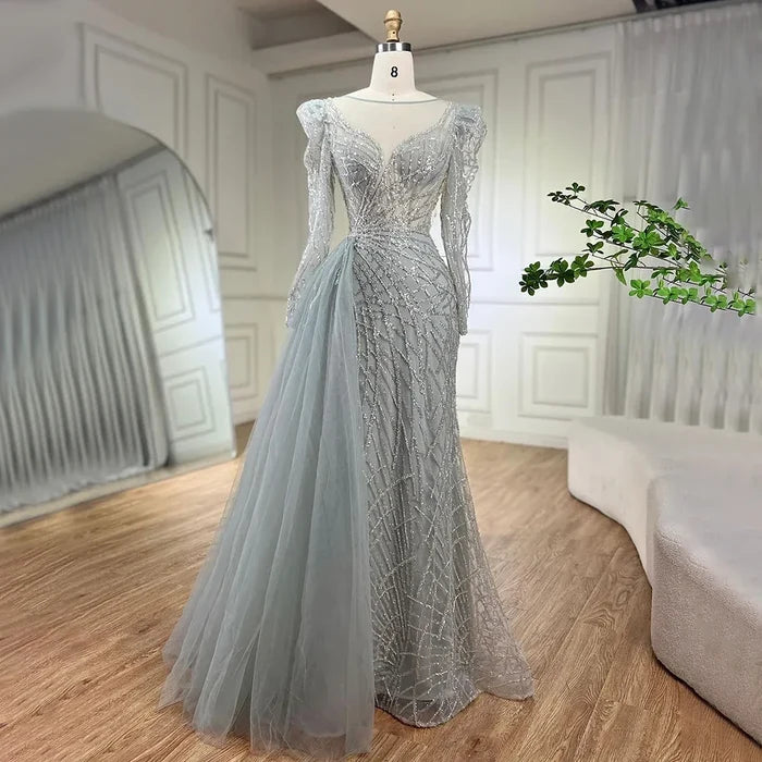 Muslim Luxury Blue Beaded Mermaid Evening Dress with Side Overskirt LA72206 - SERENE HILL