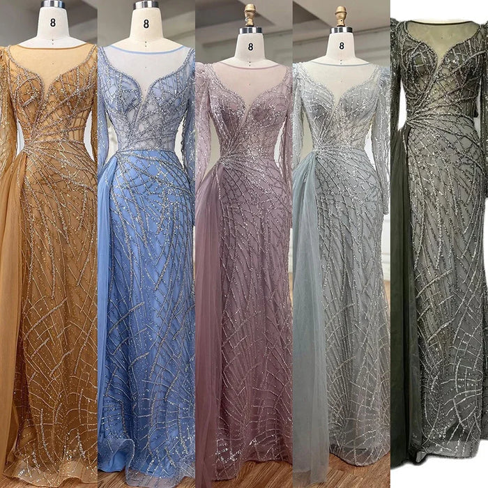 Muslim Luxury Blue Beaded Mermaid Evening Dress with Side Overskirt LA72206 - SERENE HILL