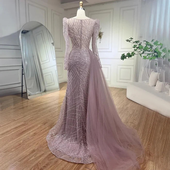 Muslim Luxury Blue Beaded Mermaid Evening Dress with Side Overskirt LA72206 - SERENE HILL