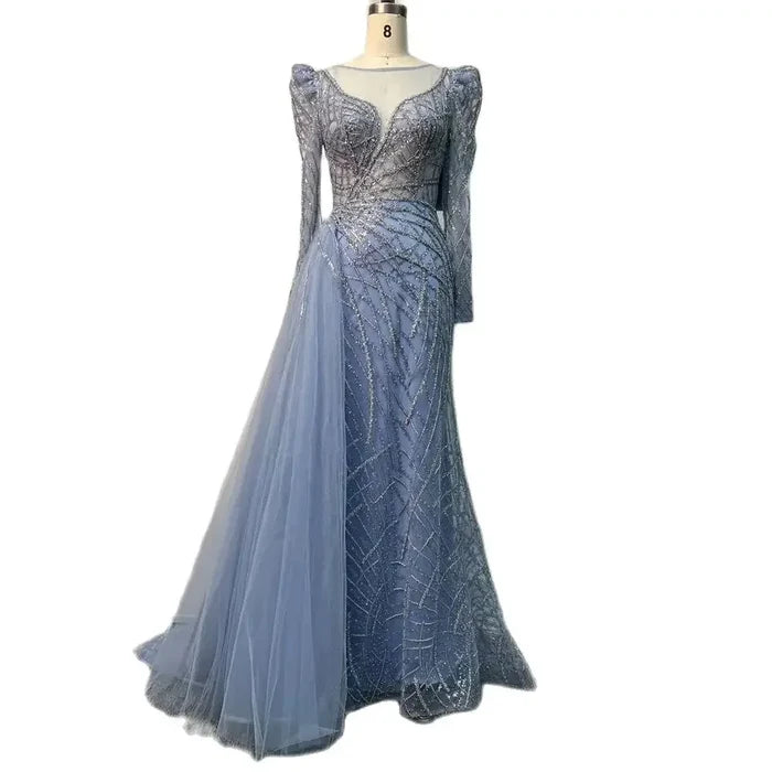 Muslim Luxury Blue Beaded Mermaid Evening Dress with Side Overskirt LA72206 - SERENE HILL