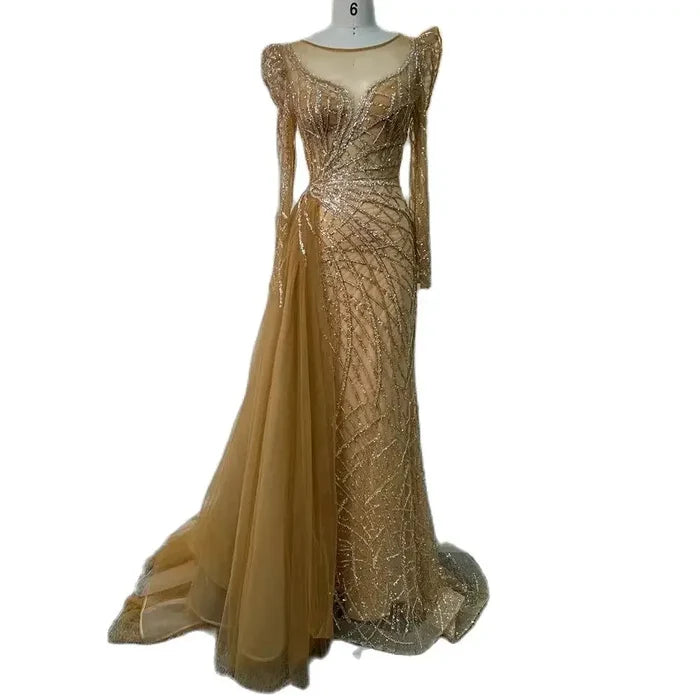 Muslim Luxury Blue Beaded Mermaid Evening Dress with Side Overskirt LA72206 - SERENE HILL