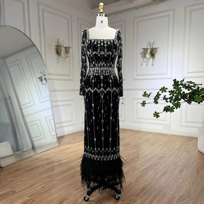 Muslim Luxury Feather Ankle Evening Dress with Long Sleeves LA71722 - SERENE HILL
