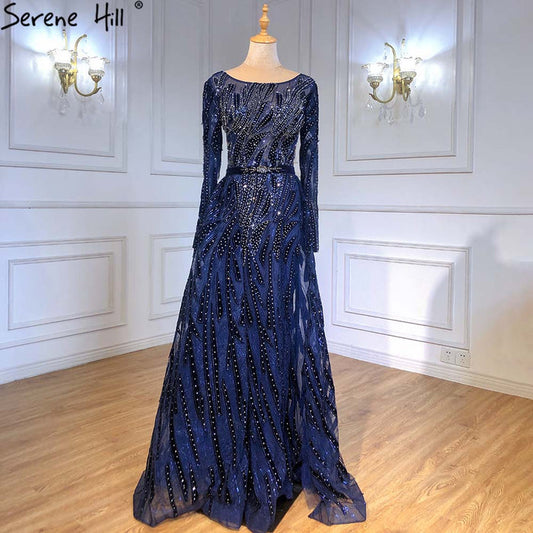Muslim Navy Blue Overskirt Evening Dresses Gowns 2025 Mermaid Elegant For Women Party Serene Hill LA71382 - SERENE HILL