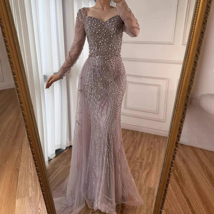 Muslim Pink Elegant Mermaid Gowns with Long Sleeve LA72441 - SERENE HILL