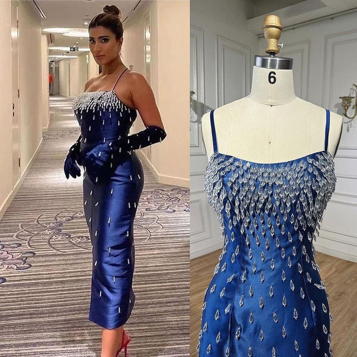 Navy Blue Spaghetti Straps Midi Evening Dress LA71788 - SERENE HILL