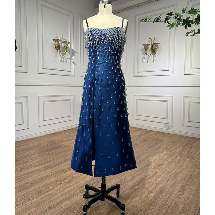 Navy Blue Spaghetti Straps Midi Evening Dress LA71788 - SERENE HILL