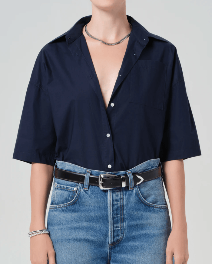 Navy Frances Cropped Cape Button Up Top - Amor Lafayette