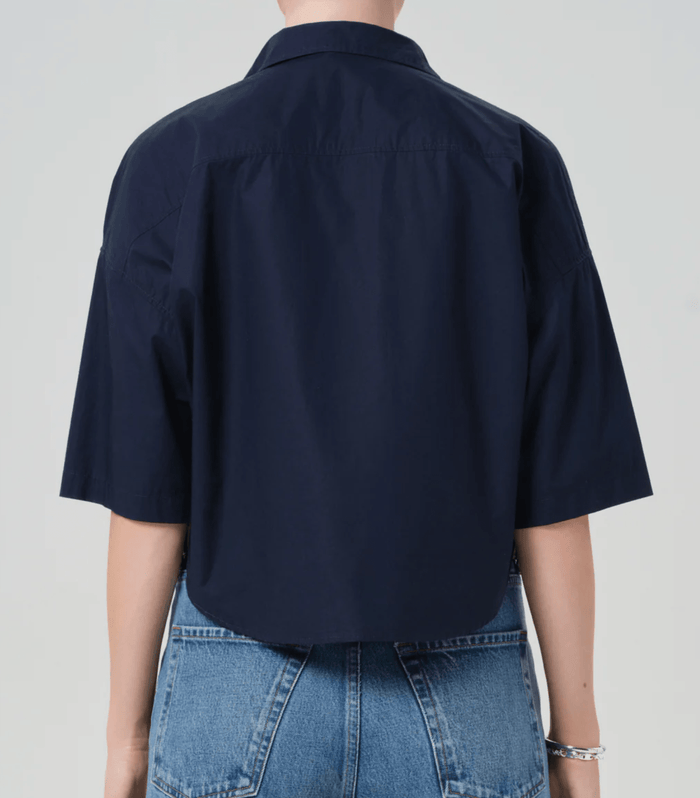 Navy Frances Cropped Cape Button Up Top - Amor Lafayette