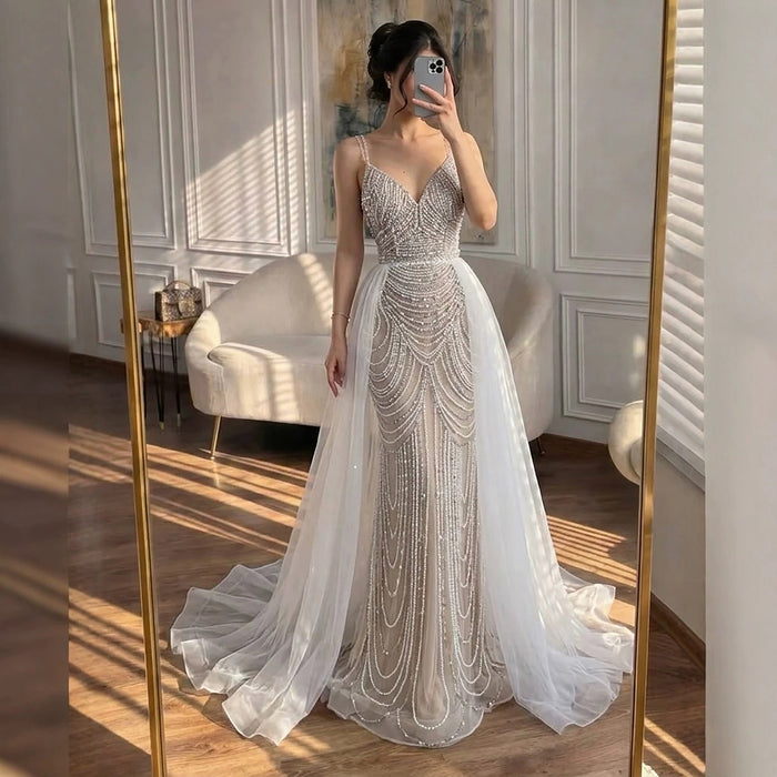 Nude Beaded Arabic Evening Gown with Spaghetti Straps LA72253A SERENE HILL