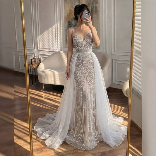 Nude Beaded Arabic Evening Gown with Spaghetti Straps LA72253A SERENE HILL