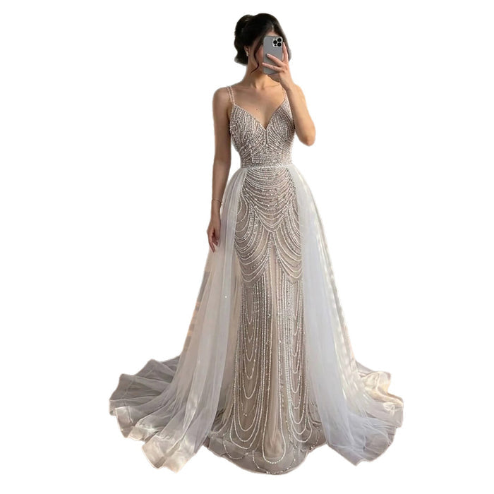 Nude Beaded Arabic Evening Gown with Spaghetti Straps LA72253A SERENE HILL