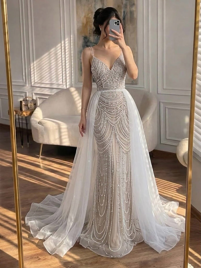 Nude Beaded Arabic Evening Gown with Spaghetti Straps LA72253A SERENE HILL