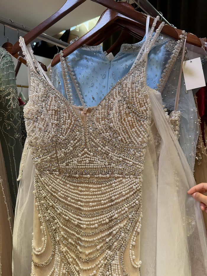 Nude Beaded Arabic Evening Gown with Spaghetti Straps LA72253A SERENE HILL