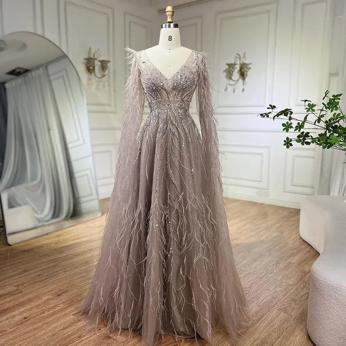 Nude Feathers A-line Evening Dress with Cape Sleeves LA72304 - SERENE  HILL