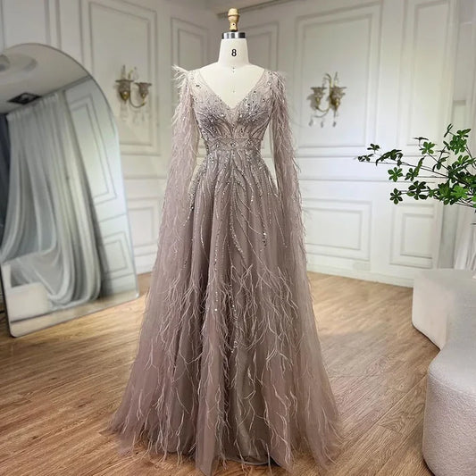 Nude Feathers A-line Evening Dress with Cape Sleeves LA72304 - SERENE  HILL