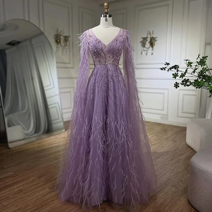 Nude Feathers A-line Evening Dress with Cape Sleeves LA72304 - SERENE HILL