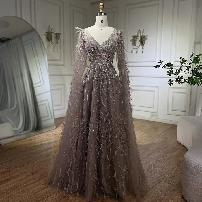 Nude Feathers A-line Evening Dress with Cape Sleeves LA72304 - SERENE HILL