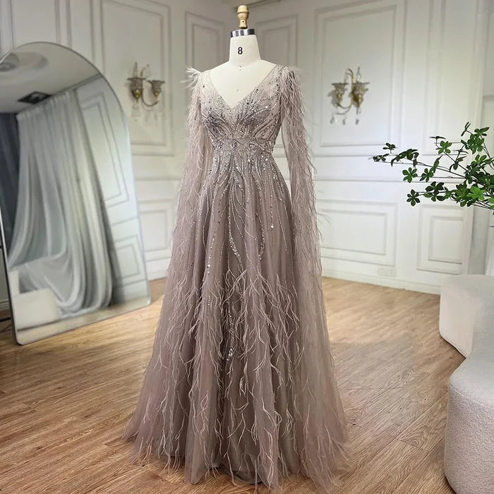 Nude Feathers A-line Evening Dress with Cape Sleeves LA72304 - SERENE HILL