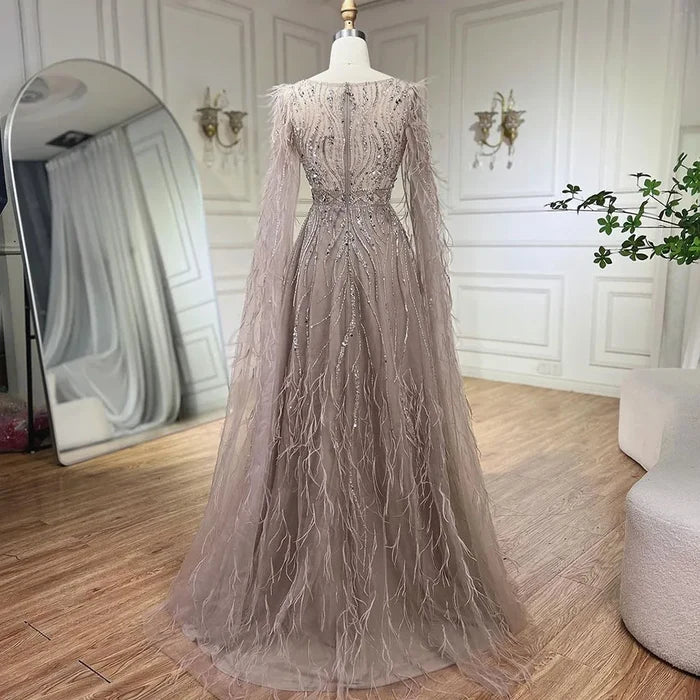 Nude Feathers A-line Evening Dress with Cape Sleeves LA72304 - SERENE HILL