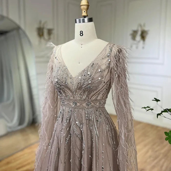 Nude Feathers A-line Evening Dress with Cape Sleeves LA72304 - SERENE HILL