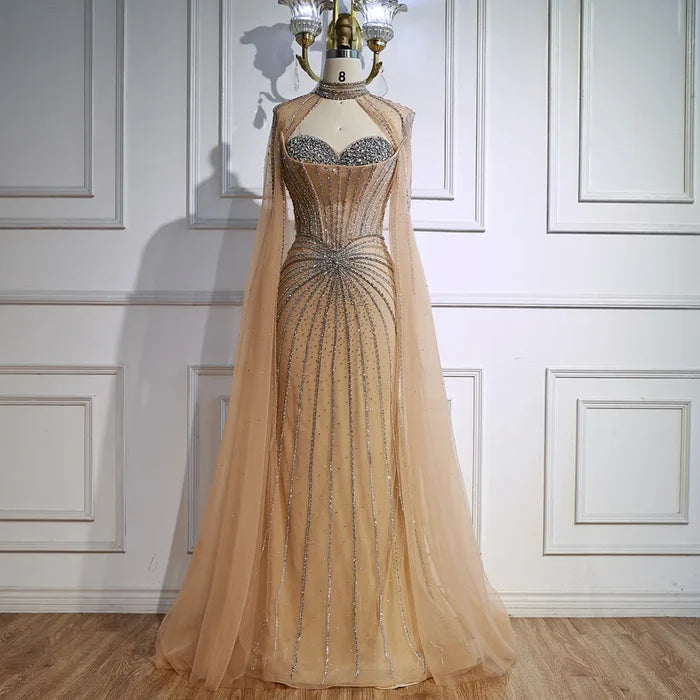 Nude Luxury Beaded Mermaid Evening Gown with Cape Sleeves LA72811A - SERENE HILL