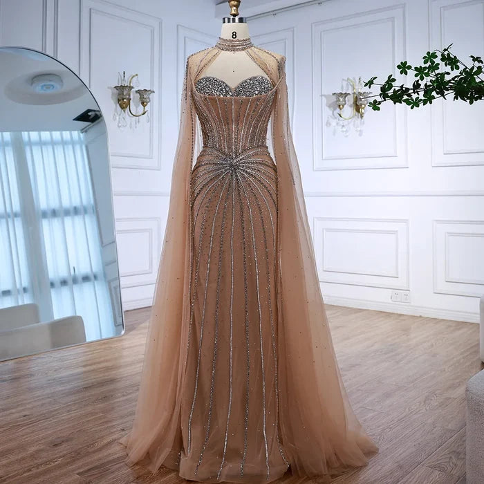 Nude Luxury Beaded Mermaid Evening Gown with Cape Sleeves LA72811A - SERENE HILL