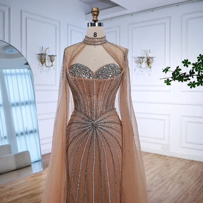 Nude Luxury Beaded Mermaid Evening Gown with Cape Sleeves LA72811A - SERENE HILL