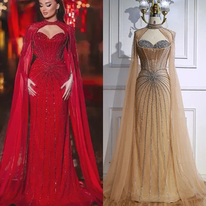 Nude Luxury Beaded Mermaid Evening Gown with Cape Sleeves LA72811A - SERENE HILL