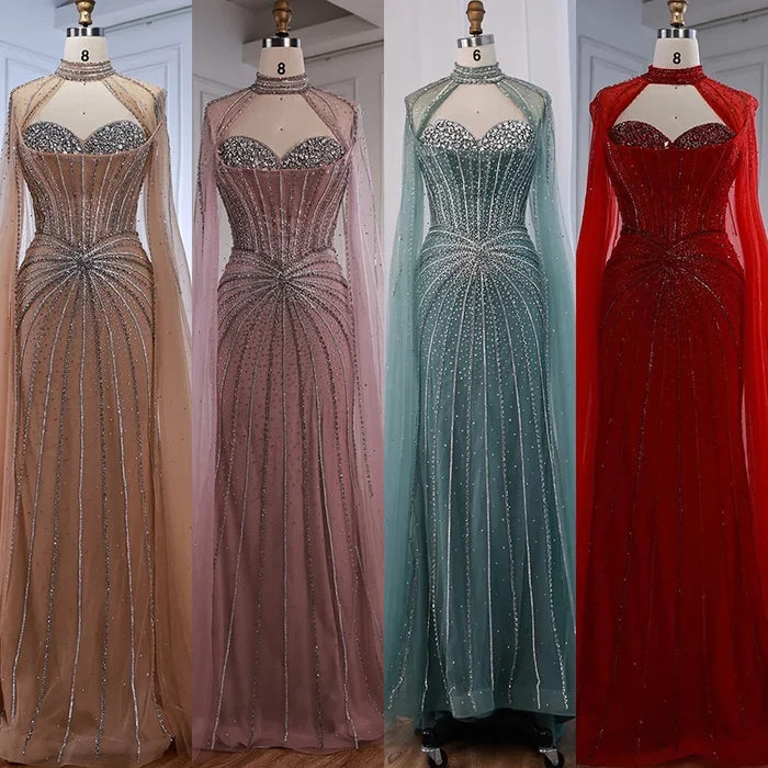 Nude Luxury Beaded Mermaid Evening Gown with Cape Sleeves LA72811A - SERENE HILL