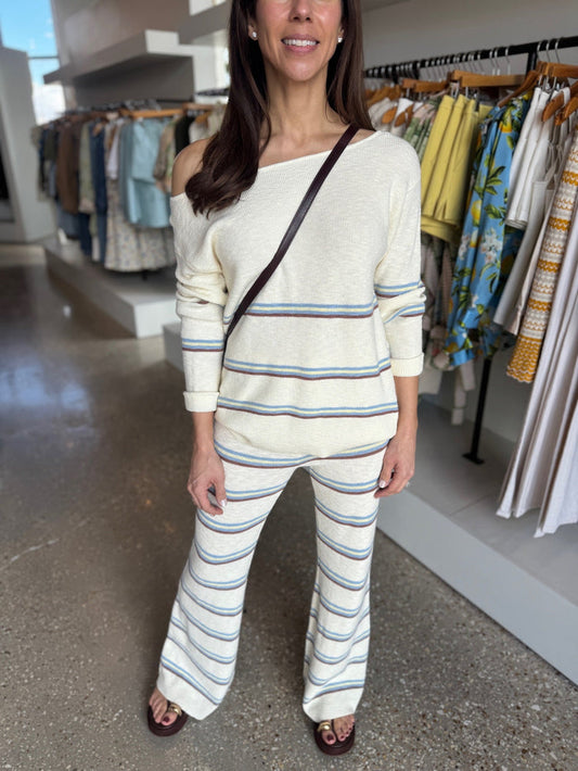 Off White Striped Knit Sweater and Pant Set - Amor Lafayette