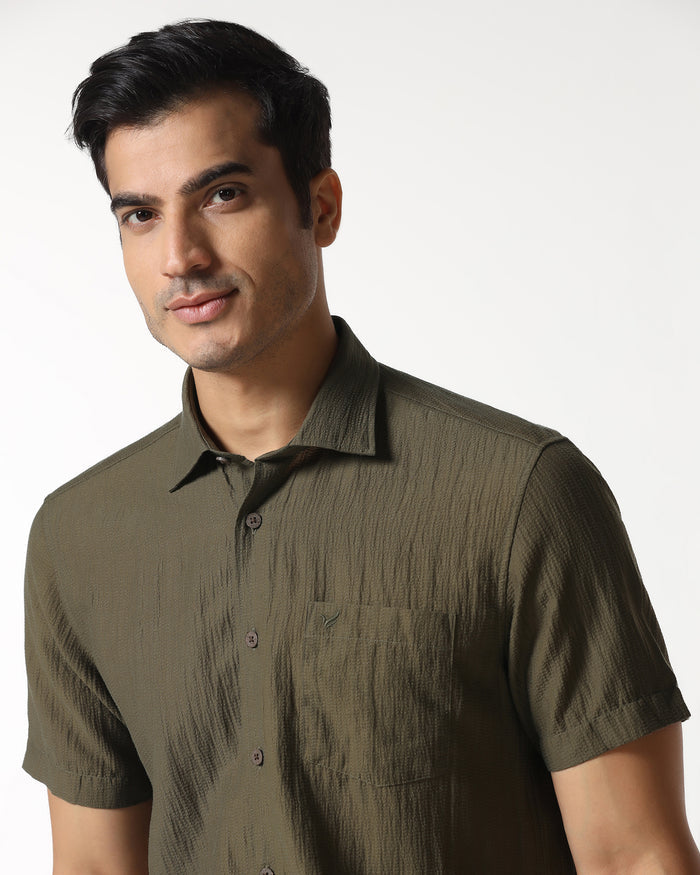Olive Half Sleeve Textured Shirt - Cremon