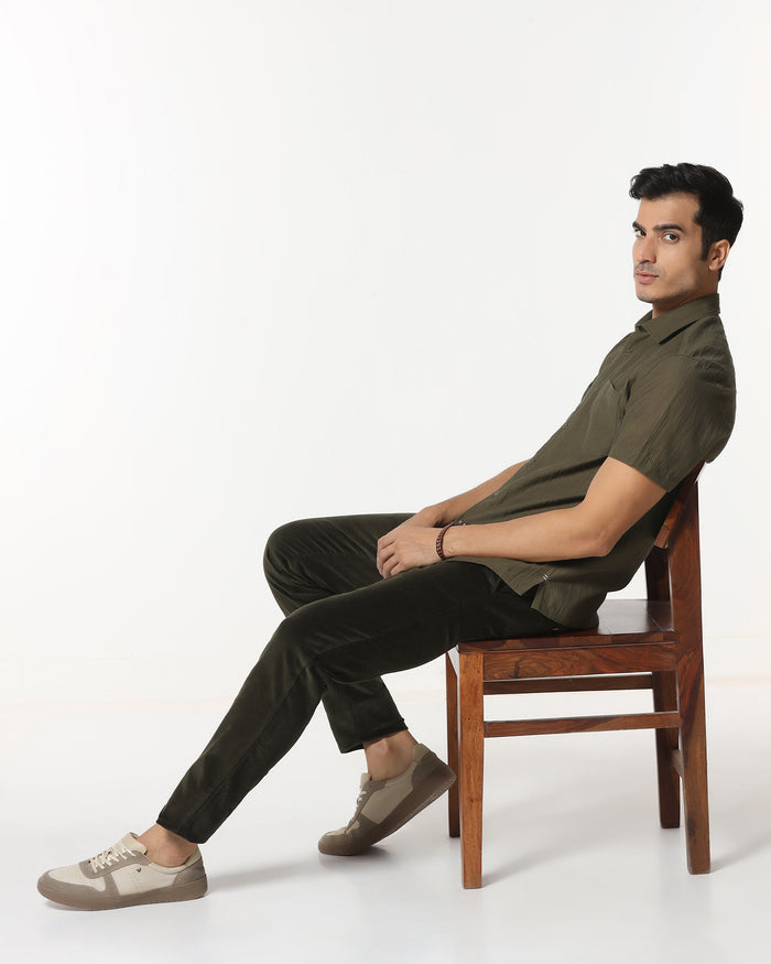 Olive Half Sleeve Textured Shirt - Cremon
