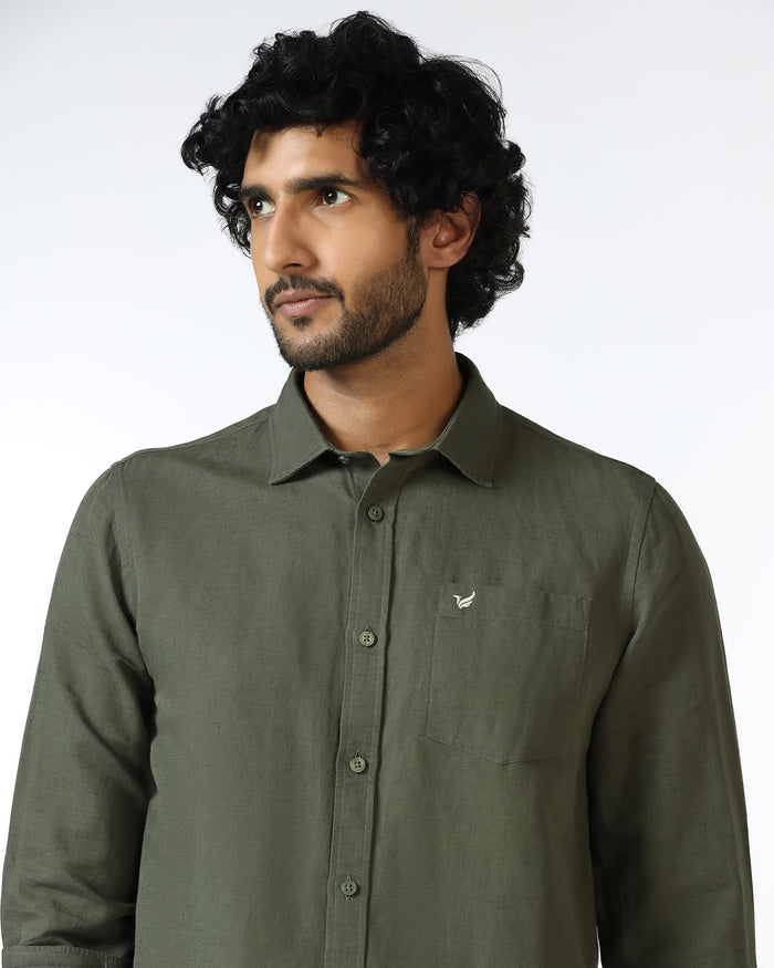 Olive Linen Solid Shirt - Salmon