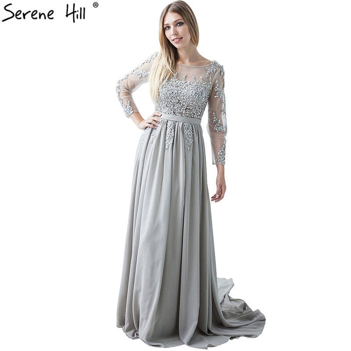 On Sale No Return No Refund Gray Beading Crystal Formal Long Sleeve Evening Dress HA2097 - SERENE HILL