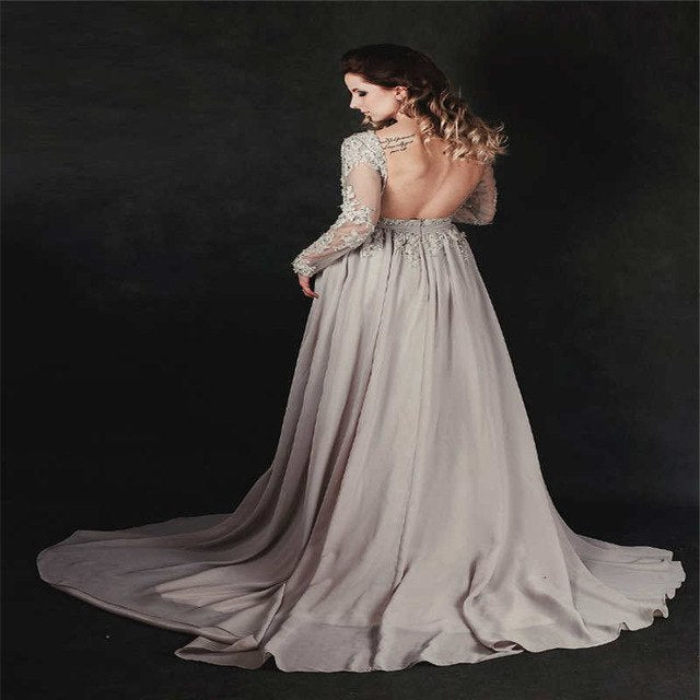 On Sale No Return No Refund Gray Beading Crystal Formal Long Sleeve Evening Dress HA2097 - SERENE HILL
