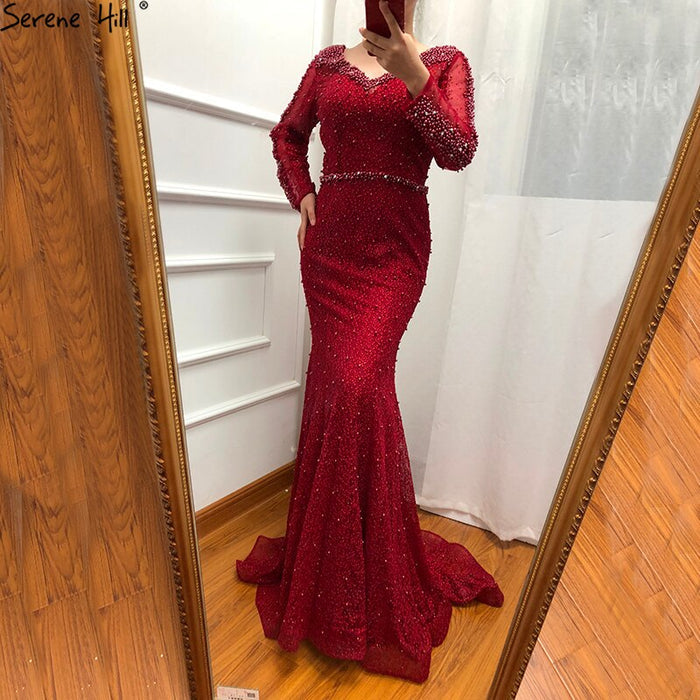 On Sale No Return No Refund Long Sleeve Wine Red Pearls Mermaid Evening Dresses 2025 Fashion Luxury Evening Gown Real Photo Dubai LA6428 - SERENE HILL