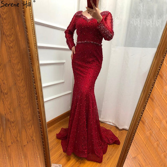 On Sale No Return No Refund Long Sleeve Wine Red Pearls Mermaid Evening Dresses 2025 Fashion Luxury Evening Gown Real Photo Dubai LA6428 - SERENE HILL