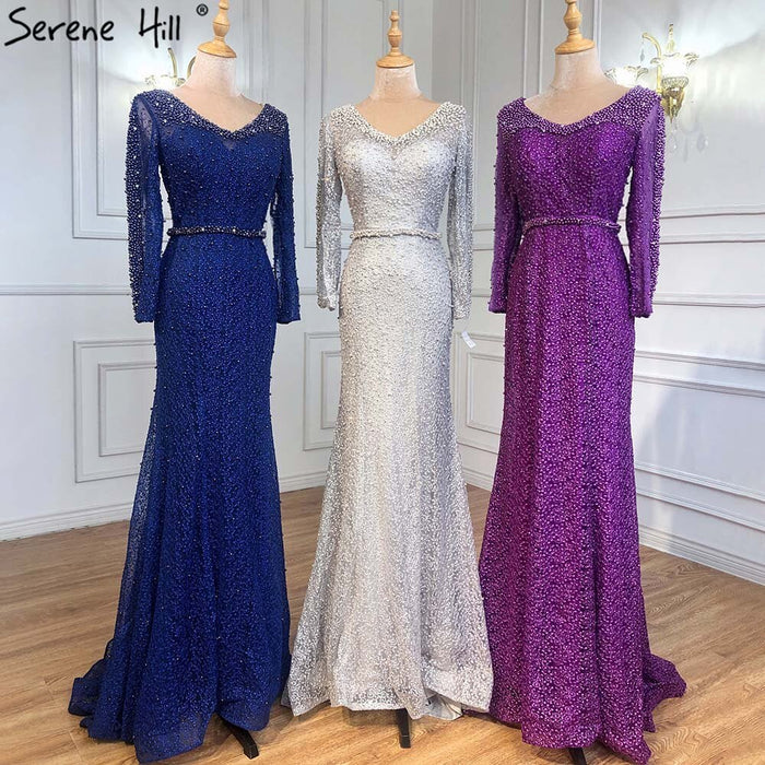 On Sale No Return No Refund Long Sleeve Wine Red Pearls Mermaid Evening Dresses 2025 Fashion Luxury Evening Gown Real Photo Dubai LA6428 - SERENE HILL