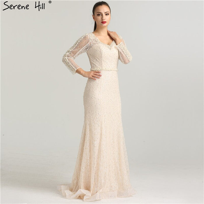 On Sale No Return No Refund Long Sleeve Wine Red Pearls Mermaid Evening Dresses 2025 Fashion Luxury Evening Gown Real Photo Dubai LA6428 - SERENE HILL