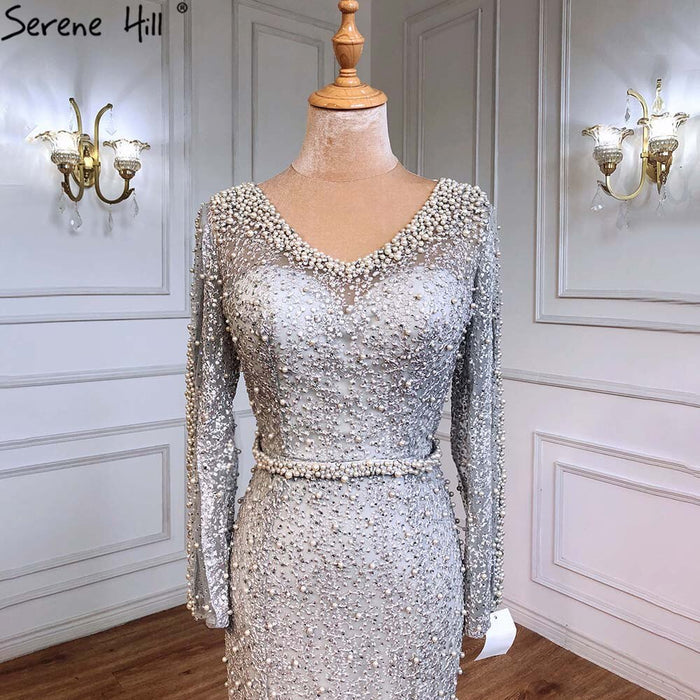 On Sale No Return No Refund Long Sleeve Wine Red Pearls Mermaid Evening Dresses 2025 Fashion Luxury Evening Gown Real Photo Dubai LA6428 - SERENE HILL