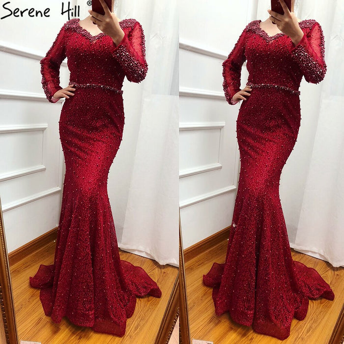 On Sale No Return No Refund Long Sleeve Wine Red Pearls Mermaid Evening Dresses 2025 Fashion Luxury Evening Gown Real Photo Dubai LA6428 - SERENE HILL
